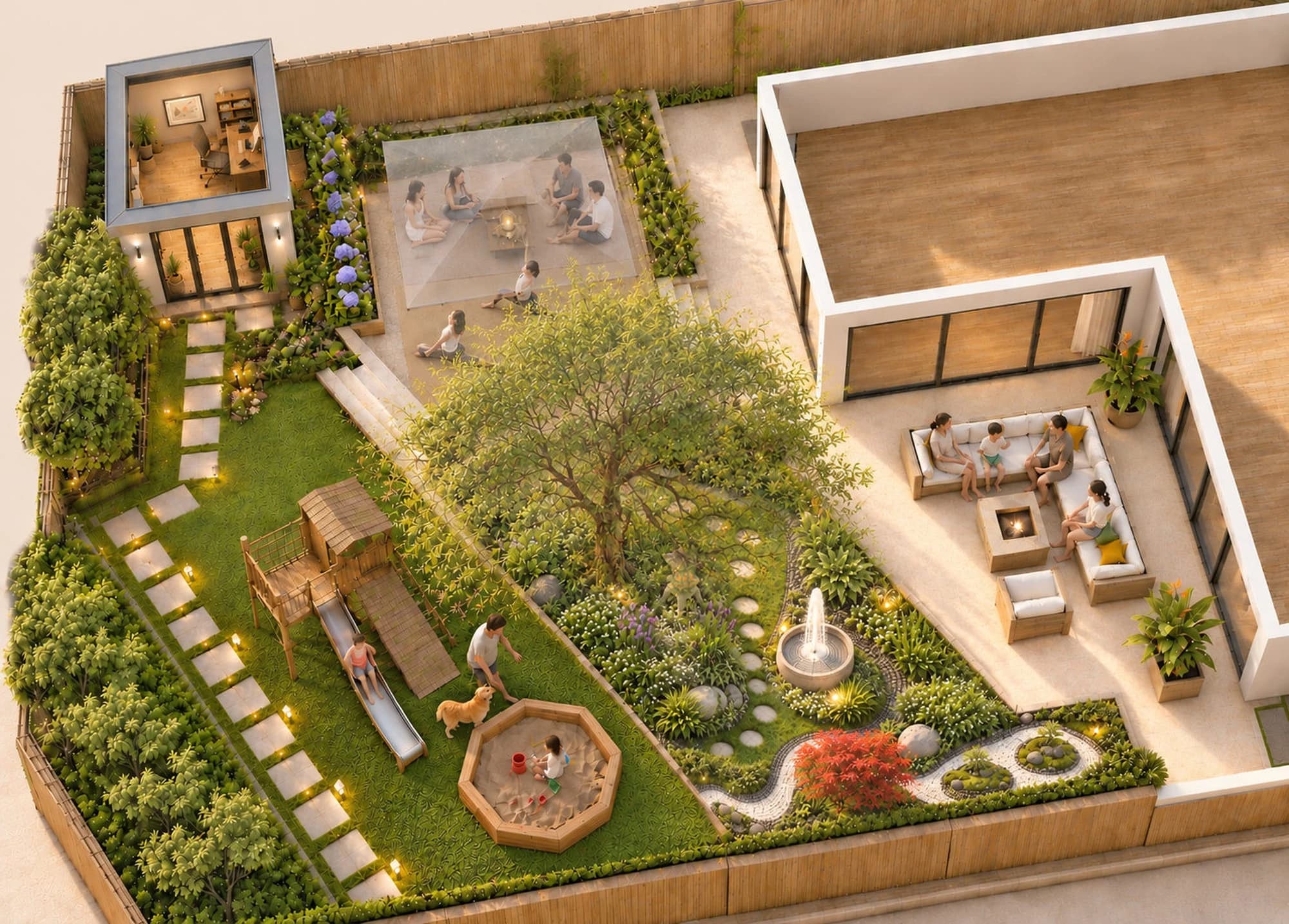 Aerial visualization showing the relationship between garden studio, raised terrace, mature tree, play area, and outdoor lounge