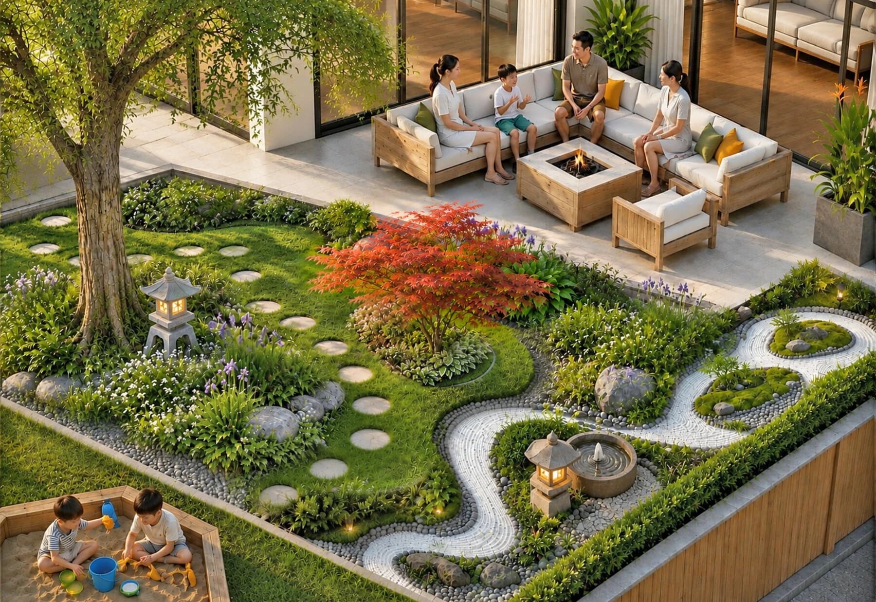 Central garden study with abundant perennial planting and a winding gravel path