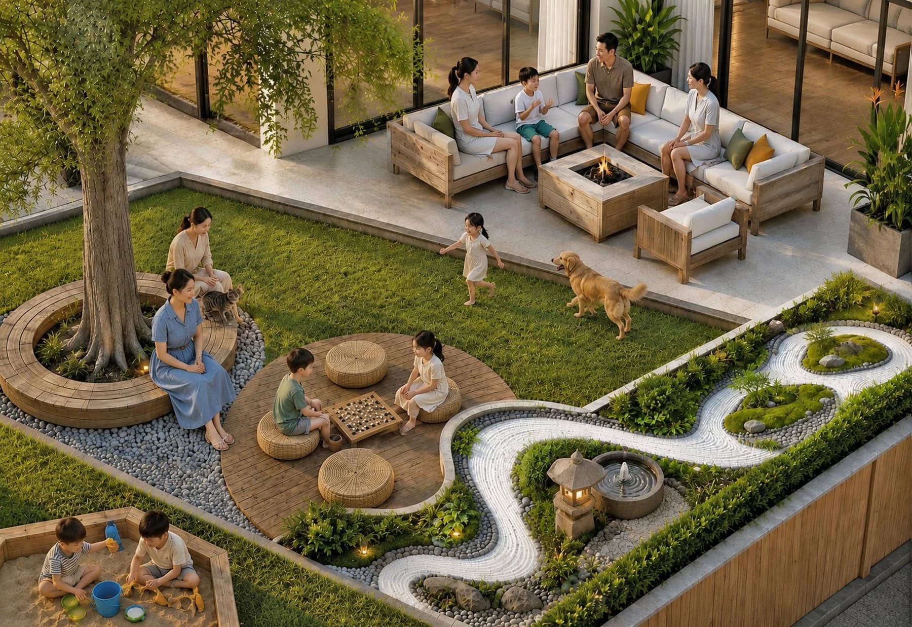 Central garden study with a circular timber platform used for gathering