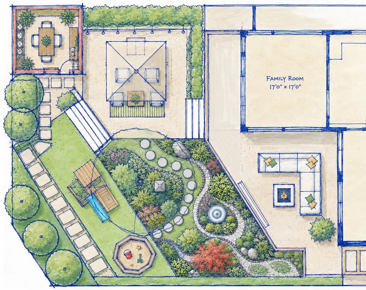 Illustrated garden plan with a studio and terrace at the upper end, lawn and play to the left, and a planted courtyard beside the house