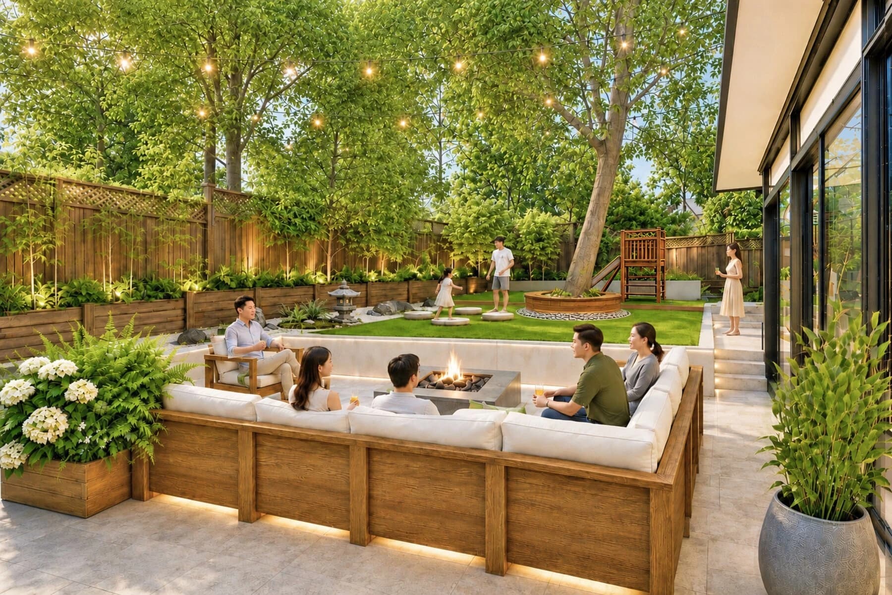 Design visualization of a timber-framed outdoor lounge facing a mature tree, open lawn, and play garden