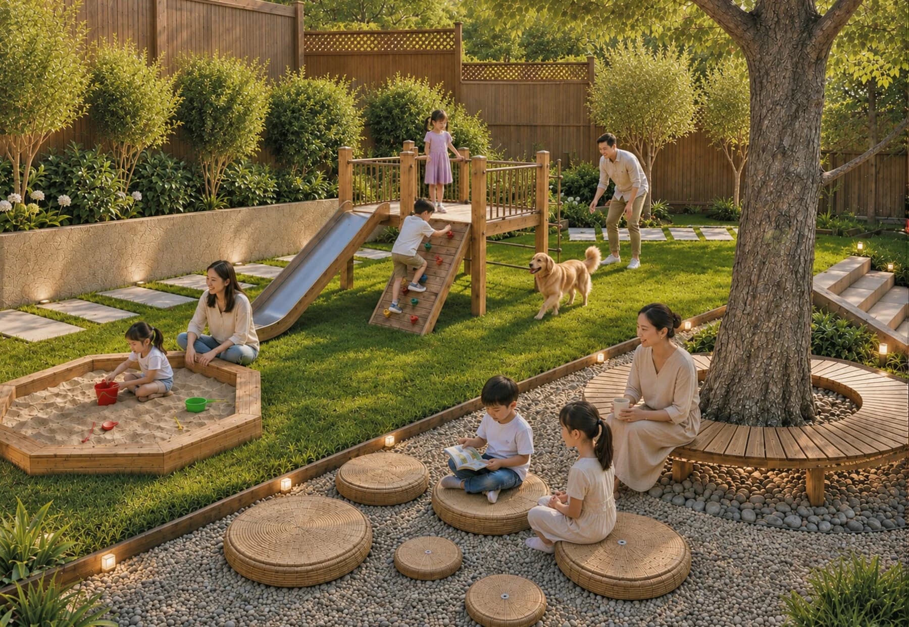 A play landscape with a timber climbing frame, slide, sandpit, and circular seats under a tree