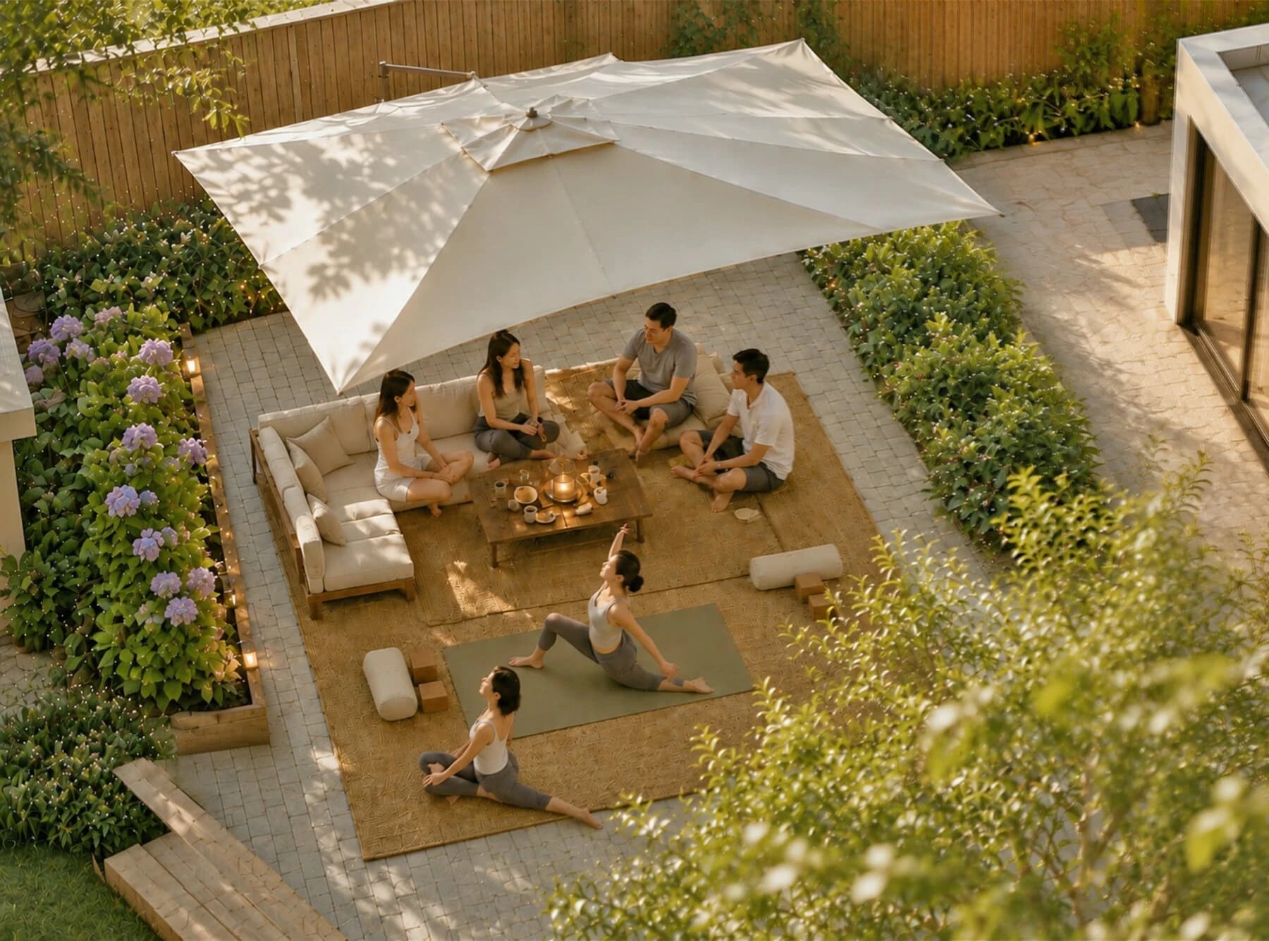 A raised garden terrace with a large parasol, lounge seating, and space for stretching beside the garden studio