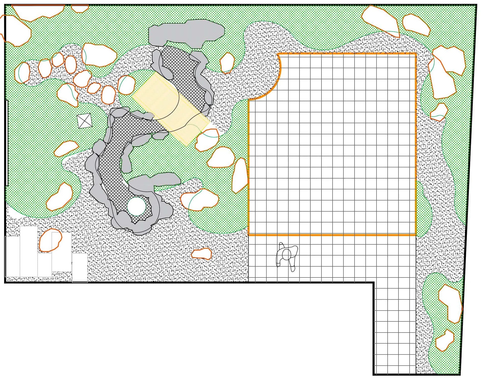 Garden design plan with curved planting islands, a stone-lined channel, stepping stones, and the retained pergola
