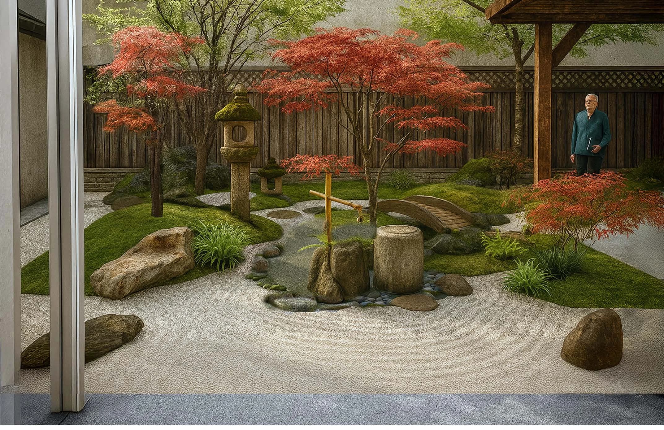 Early visualization of a Japanese-inspired garden with curving gravel paths and layered planting