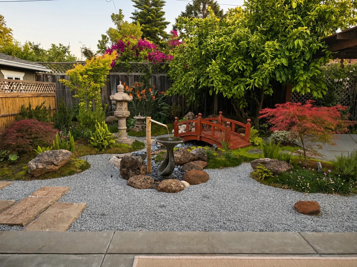 Completed garden with gravel foreground, a bamboo water feature, a red arched bridge, stone lanterns, and layered planting