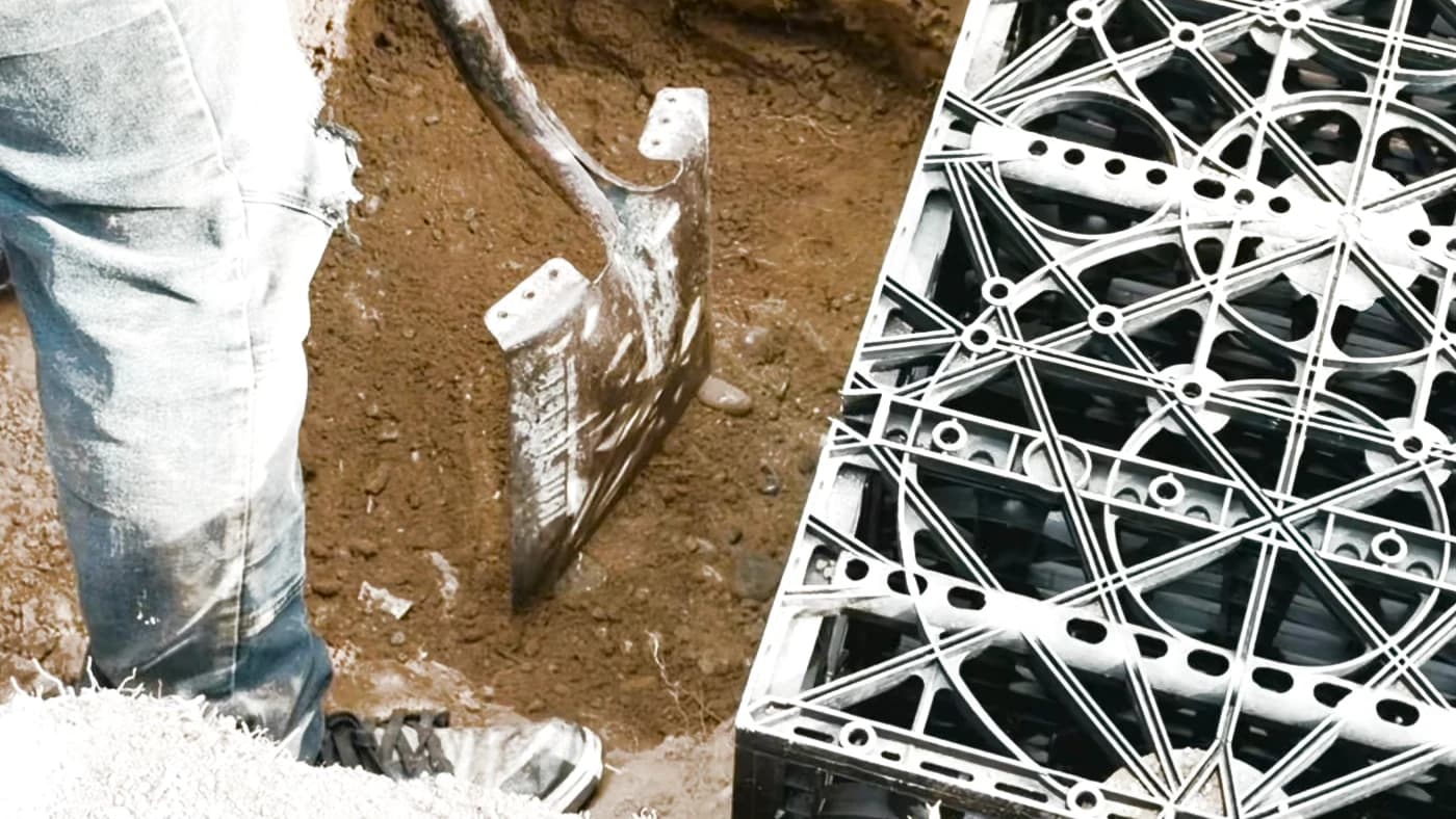 Modular below-ground water storage being assembled during construction