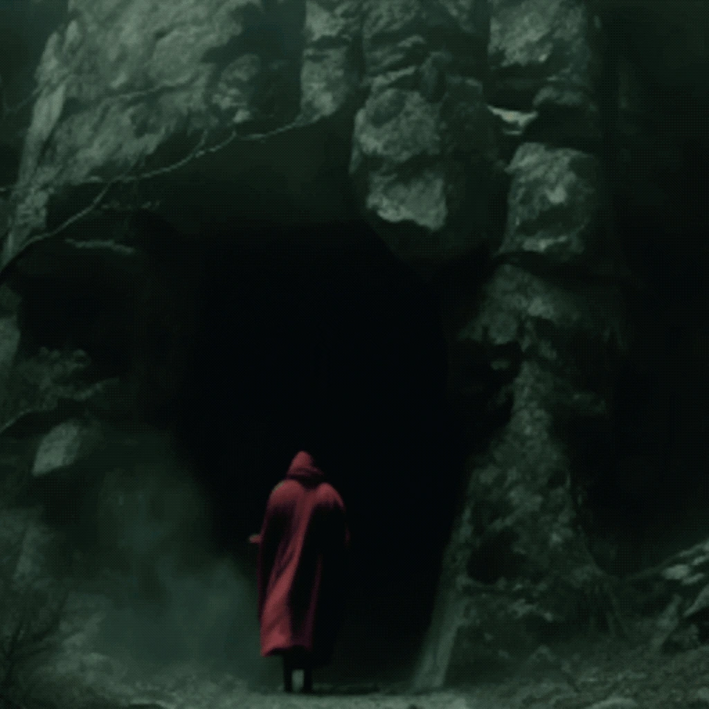 A red-cloaked figure at the entrance to a vast green-grey cave